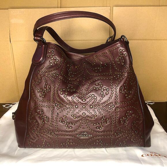 COACH Edie Oxblood Studded Soft Leather Triple Section Shoulder Bag w/ Turn Lock - Picture 17 of 17
